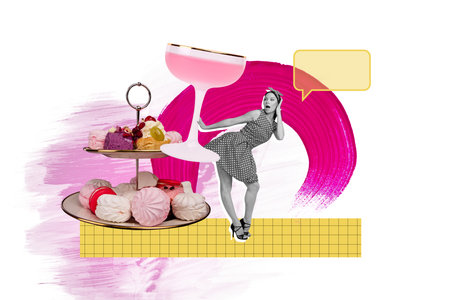 Exclusive creative collage of happy girl dance weekend chill birthday party marshmallow cake candy cocktail glass celebrationの写真素材
