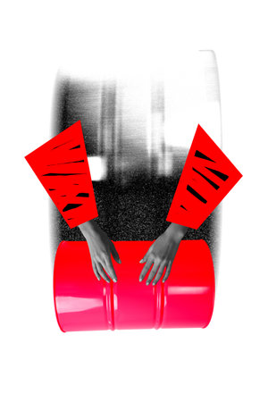 Trend artwork sketch design montage 3D collage of business production logistics oil technology hand hold distribution gallon petroleumの写真素材