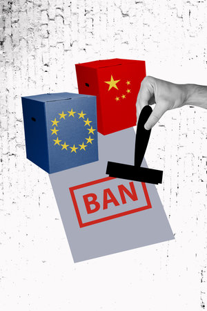 Trend artwork sketch design montage collage of trader business charts success graphics box european chinese flag hand hold press ban stopの写真素材