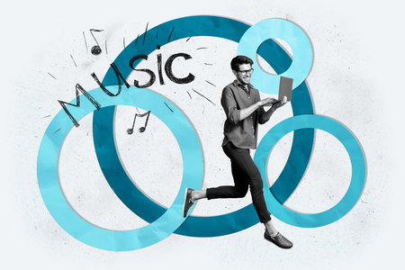 Image poster trend collage of happy girl guy dance weekend chill celebration party relax entertainment enjoy holiday musicの写真素材