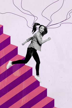 Art creative collage of person stand run fast high ladders step on pink backgroundの写真素材