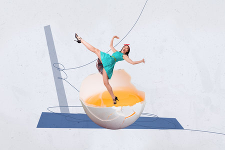 Trend poster collage of person stand fall yellow yolk egg on blue backgroundの写真素材