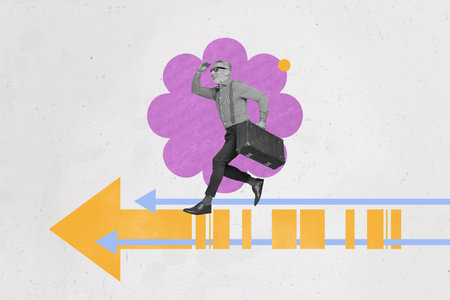 Image zine trendy pop collage of happy businessman businesswoman stand arrow development success statistics aim achievementの写真素材