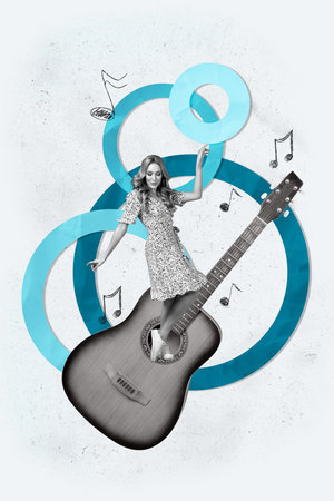 3d zine pop poster vertical collage of happy girl guy dance weekend party celebration note guitar instrument karaoke eventの写真素材