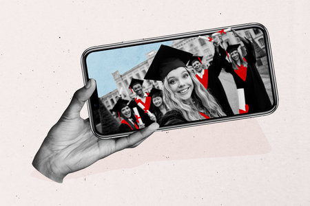 Composite trendy magazine photo collage of two happy girls guys students wear master degree cape hat inside phone screen graduationの写真素材
