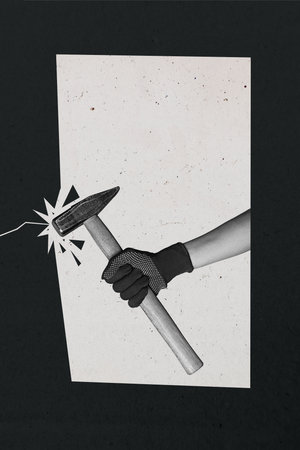 Composite 3D photo collage design trend sketch of hand handyman glove hold hammer crack carpenter...
