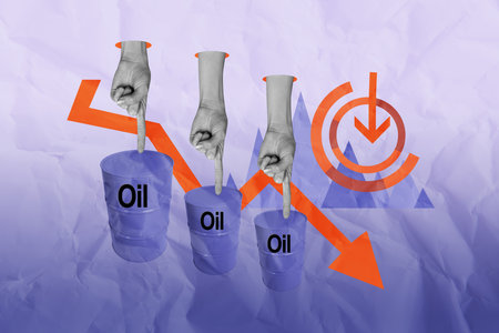 Template collage design artwork 3D sketch of hand gesture finger point oil storage arrow down chemical gallon production technology fuelの写真素材