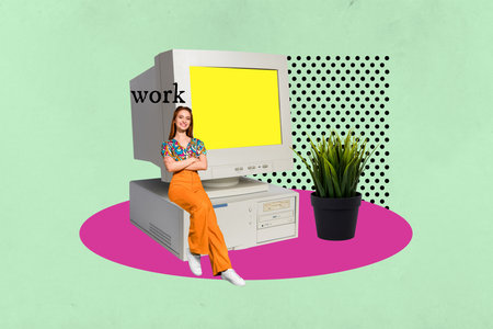 Zine banner full photo collage of happy businesswoman businessman it-specialist stand workplace pc...