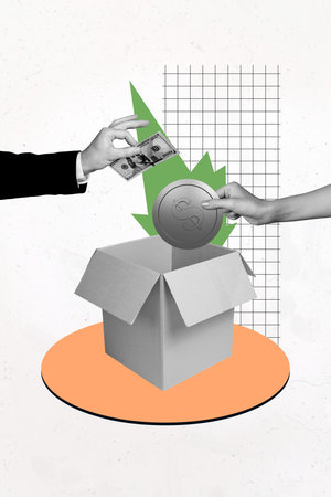 3d sketch image vertical collage of hands hold dollar banknotes coin income savings carton box...