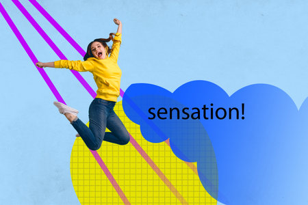 Composite trend artwork sketch photo collage o young guy girl proclaim loudspeaker breaking news sensation word demonstrationの写真素材