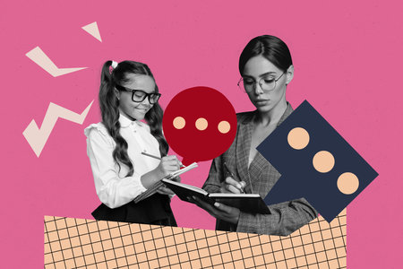 Zine art magazine picture sketch collage image of two happy mother daughter school nerd pupil write...
