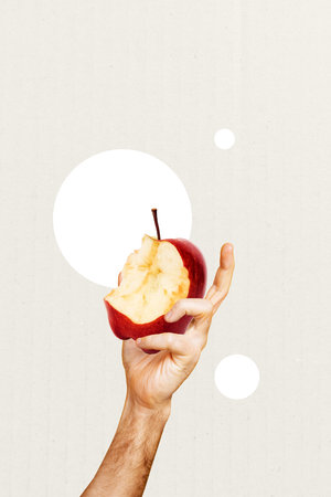 Composite sketch image design trend artwork collage of weight loss health nutrition natural hand hold bite piece apple grocery copyspaceの写真素材