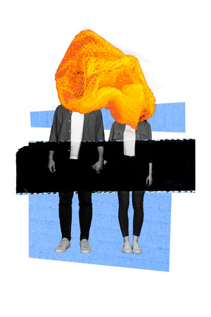 3d sketch image vertical collage of anonym girl guy instead head cellophane bag environmental pollution problem toxic wasteの写真素材