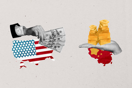 Trendy art creative full zine photo collage of hands hold dollar banknotes trade war usa vs china box shipment embargo politicsの写真素材