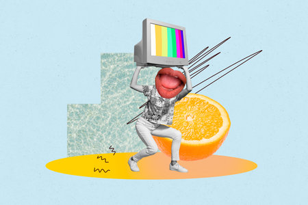 Creative artwork template sketch 3D collage of caricature head mouth lips hold tv tuner orange slice sea beach summertime travel holidayの写真素材