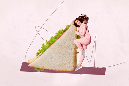 Creative picture collage of person stand win near big snack sandwich on pink backgroundの写真素材