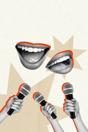 Creative artwork sketch image 3D collage of two mouth lips smile hand hold microphone manipulation press propaganda fake disinformationの写真素材