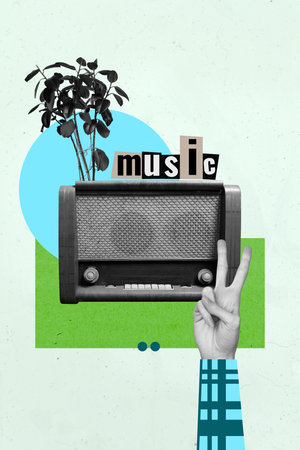 Poster graphics collage of person show v sign stand front old fashioned recorder music on green backgroundの写真素材