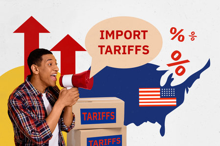 Creative trend artwork 3D collage of young man talk megaphone box tariffs import growth percent embargo political government sanctions usaの写真素材