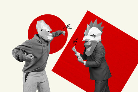 Creative full art collage of group anonym business partners wear pet chicken monkey mask fight...