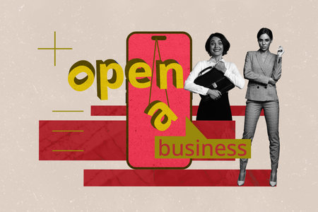 Exclusive creative collage of happy businessman businesswoman stand phone open business cloud development career progressの写真素材