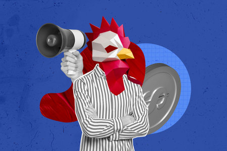 Trend artwork template design collage sketch of coin bank wealth cash income salary chicken head businessman stand hand hold loudspeakerの写真素材