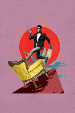 3d image sketch vertical collage of happy girl guy stand indoor armchair flower pot freelancer office real estate agent workerの写真素材