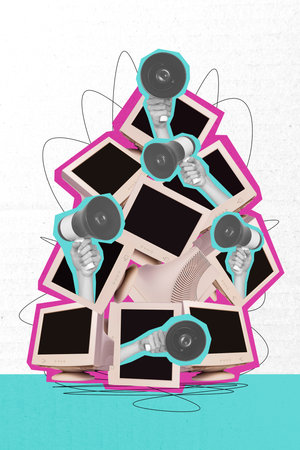 3D photo collage template trend artwork sketch of silhoutte pile obsolete computer monitor hands...