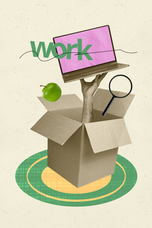 Vertical 3d poster art collage of office hand peek box supplies hold laptop apple fruit magnifier lens zoom vacancy searchの写真素材