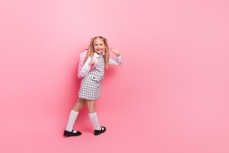 Smiling schoolgirl with pigtails carrying a pink backpack on a colorful pink background, preparing for a new school yearの写真素材