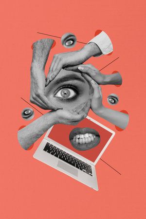 Vertical image sketch vertical collage of human hands show eyeball stare laptop device cyberattack protection antivirus jewishの写真素材