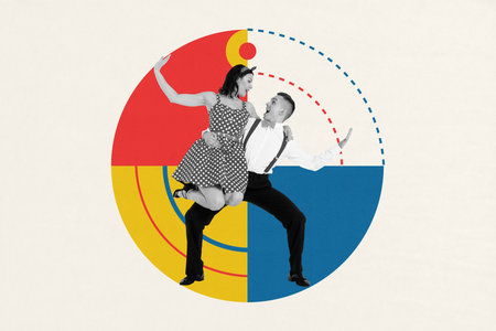 Sketch template design 3D photo collage of man hold lady knees smile artistic passion rhythm dynamic flexibility beauty dancer performerの写真素材