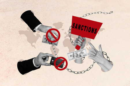 3D collage trend artwork sketch poster of hand hold chain banknote credit card stop payment country embargo restrictions economy sanctionsの写真素材
