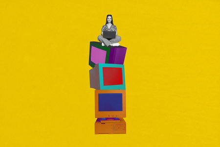 Exclusive artwork banner creative collage of happy businesswoman freelancer sit pc monitor stack type laptop programming softwareの写真素材