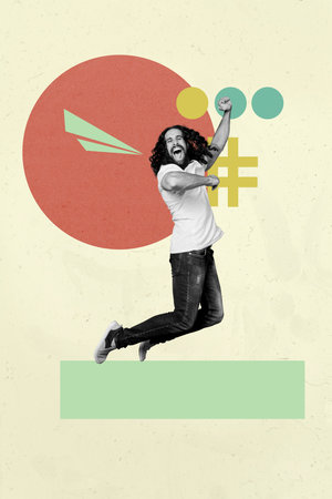 Vertical sketch image photo collage of happy girl guy dance disco occasion hand gesture dancehall...