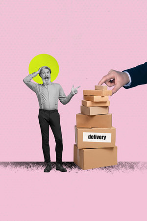 Vertical 3d zine pop trend image collage of happy girl guy stand delivery service shipment box hand distribution fast courierの写真素材