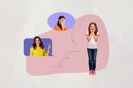 Image poster trend collage of happy small kid girl parent dad mother woman man bubble communication chatterbox speech tellの写真素材