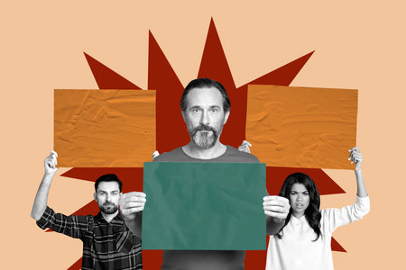 3D collage composite trend artwork sketch of aged man hold banner lady guy support vote democracy social human revolution leader placardの写真素材