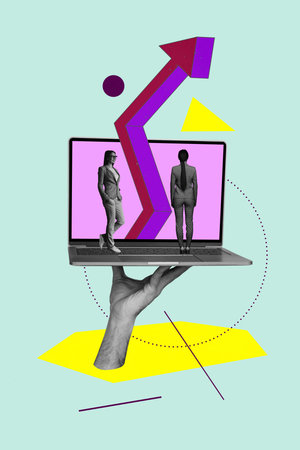 Zine pop image banner 3d photo collage of happy businessman businesswoman stand laptop device arrow progress freelancer opportunityの写真素材