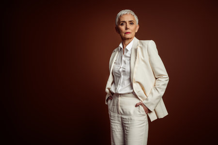 Confident mature businesswoman in elegant suit with white shirt posing against a brown background, exuding professionalismの写真素材