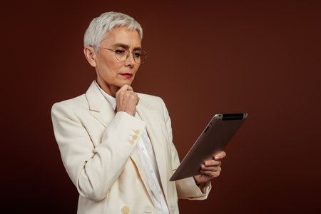 Confident mature businesswoman with short white hair holding a tablet, dressed elegantly in a formal suit, on a dark backgroundの写真素材