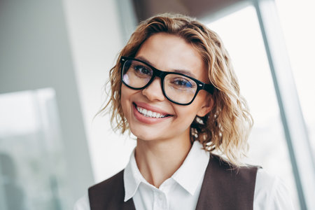 Professional businesswoman with glasses smiling confidently in an office environmentの写真素材