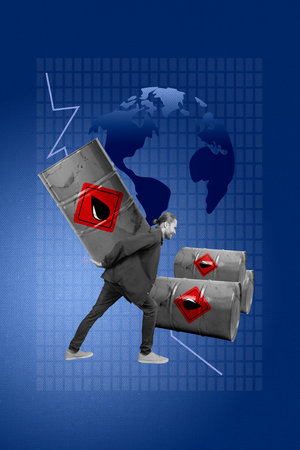 Sketch design trend artwork poster 3D photo collage of black oil economy chemical toxic liquid young man carry barrel world earthの写真素材