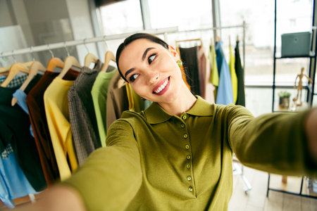 Fashion enthusiast in a stylish showroom surrounded by colorful clothing, capturing a moment of inspiration while working on new designsの写真素材