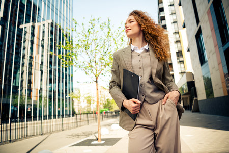 Confident businesswoman walking through a modern urban street surrounded by contemporary architecture holding a folderの写真素材