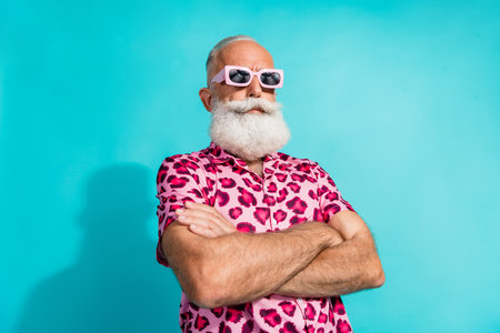Photo of attractive senior bearded man crossed hands confident dressed stylish pink leopard print...