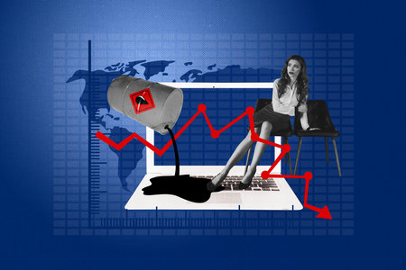 Poster trend sketch template photo collage of young lady sit armchair laptop global economy market...