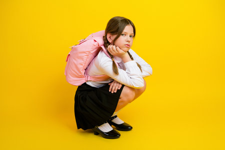 Schoolgirl sitting against bright yellow background wearing a school uniform and pink backpack, looking thoughtful and stylishの写真素材