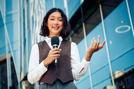 Professional woman speaking confidently with a microphone outdoors in front of a modern glass building during the dayの写真素材