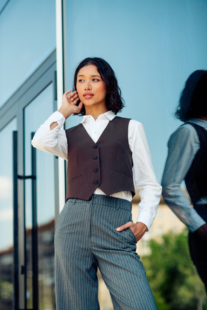 Confident businesswoman in elegant formal attire posing outdoors with a modern cityscape building background on a sunny day.の写真素材